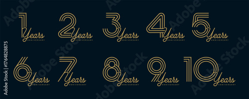 Set of vector logo designs for 1st to 10th anniversary, in gold color for celebrations, weddings and birthday