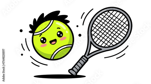 Cartoon tennis ball character bouncing near a tennis racket  