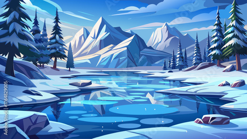 Very beautiful frozen lake viewed from above, revealing detailed ice textures and fractal cracks that resemble natural art under soft northern daylight.