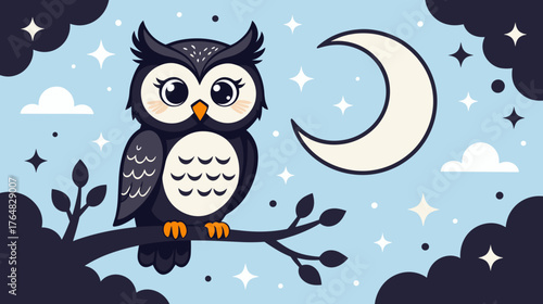 Cartoon owl sitting on branch under moon and stars in night sky  