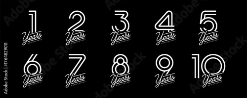 Set of vector logo designs for 1st to 10th anniversary, in white color for celebrations, weddings and birthday