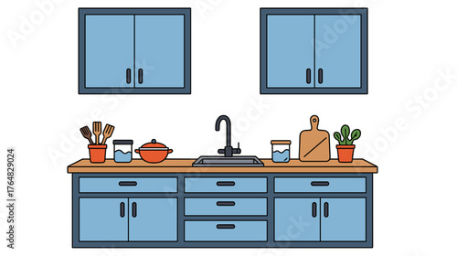 Modern kitchen interior with blue cabinets and wooden countertop  