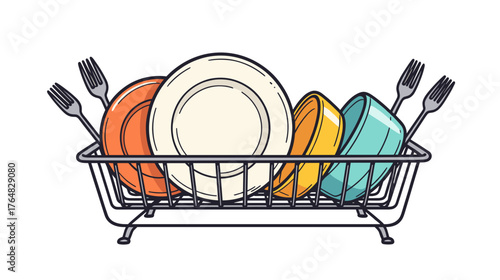 Colorful dishes and forks in a dish drying rack  