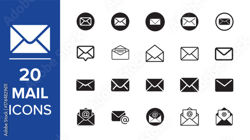 Mailing icon set. Containing mail, email, mailbox, letter, post office, and envelope icons. Solid icon collection. Vector illustration. Mail icons set. Email sign and symbol. E-mail icon