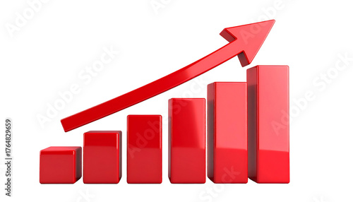 A 3D rendered red bar chart with an upward trending arrow against a black background