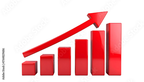 Shiny red bar graph ascending, indicating growth, with a dynamic upward pointing arrow