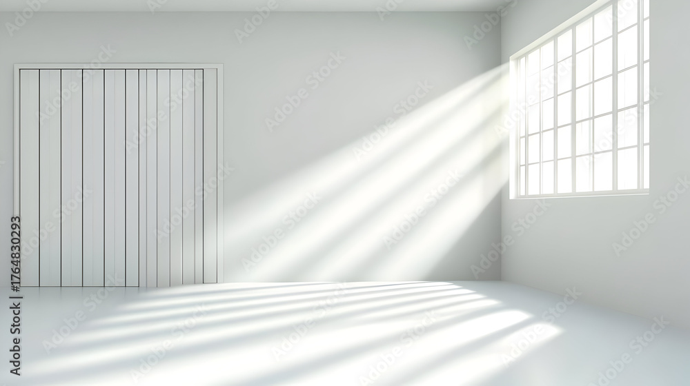 Obraz premium Bright Sunlight Streaming Through Large Window into Empty White Room.