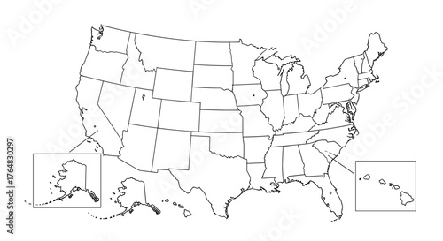 Blank outline map of the United States of America including inset maps for Alaska and Hawaii, perfect for educational and design projects