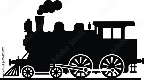 vintage train locomotive with steam funnel and large front wheel silhouette
