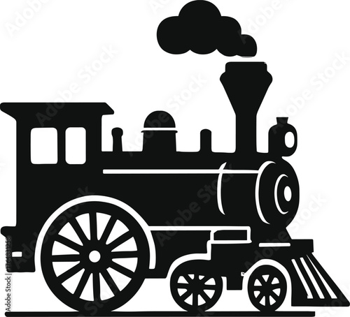 vintage train locomotive with steam funnel and large front wheel silhouette