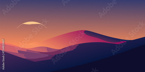 Desert Dunes At Sunset With Crescent Sun landscape
