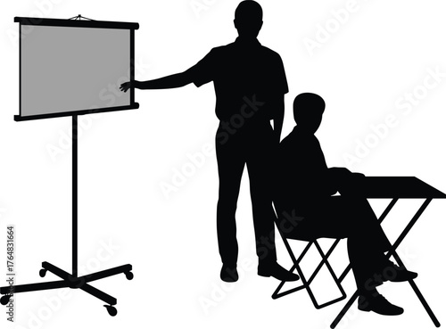 Black silhouette of business presentation scene with speaker pointing at screen and seated listener for training, seminar, and education themes