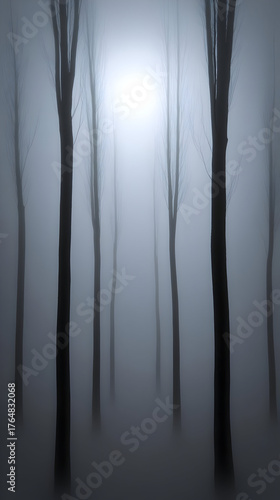 Mysterious Foggy Forest with Silhouetted Trees and Bright Light.
