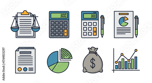 Financial Analysis Icons Legal Compliance, Calculation, and Growth