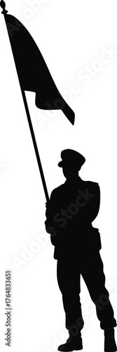 Military person holding flag silhouette vector, patriotic ceremony artwork, honor guard design, national pride symbol, armed forces tribute graphic
