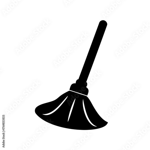 A simple black silhouette of a cleaning broom against a white background