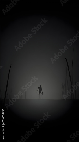 A lone figure stands in a dark foggy and mysterious environment.