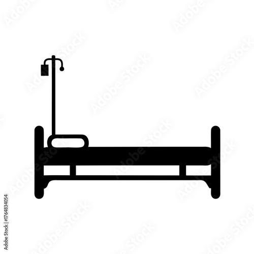 Black and white silhouette depicting a hospital bed with IV stand