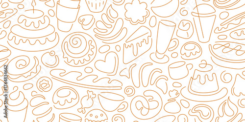 Bakery seamless pattern. Vector line fabric. Cafe