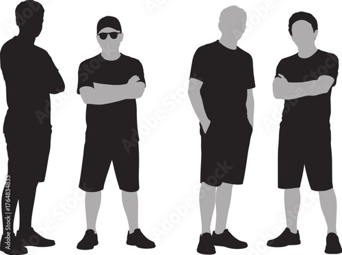 Silhouette group of casual men standing in different poses wearing t-shirts and shorts, vector illustration for fashion, lifestyle, and design concepts