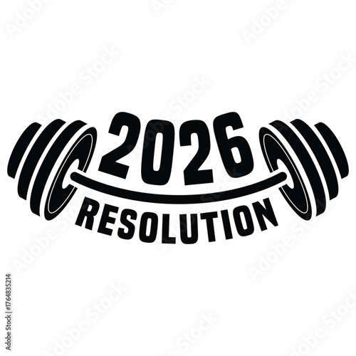 Graphic showing "2025" as a barbell with a checkmark "0," above the word "RESOLUTION" on a red banner. Represents fitness goals, achievement, and New Year's commitment for 2025.