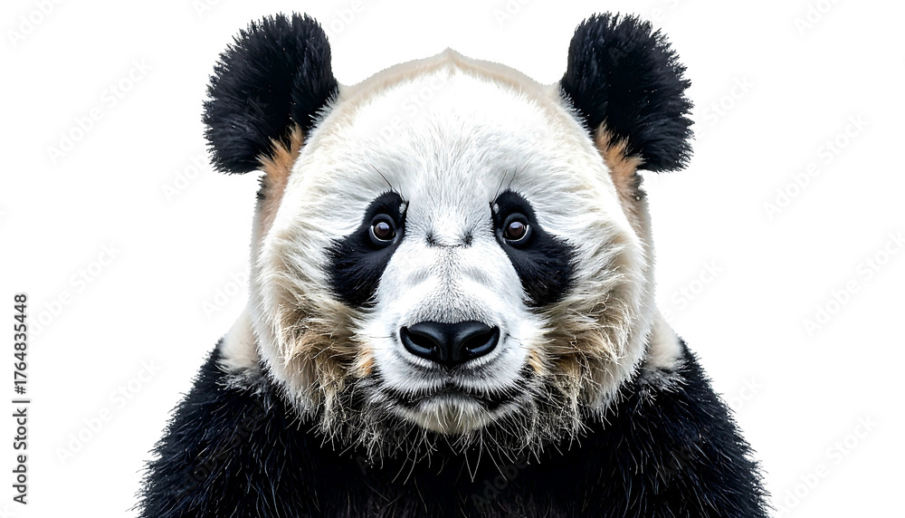 Naklejka premium Close-up of a panda's face, with white fur and black patches around the eyes and ears, against a dark backdrop