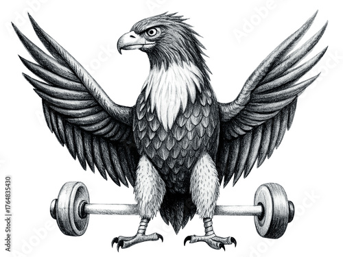 Eagle weightlifter with barbell isolated on transparent background, strong bird athlete