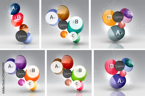 Colorful circular diagrams represent connections, data points, business concepts. Modern design elements showcase information hierarchy.