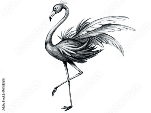 Hand drawn flamingo isolated on transparent background, a graceful bird in monochrome