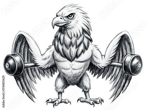 Eagle weightlifter with dumbbells isolated on transparent background, strong bird athlete
