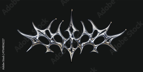 Chrome gothic tribal flame sigil with Y2K aesthetic, liquid mercury shine, cyber metallic abstract tattoo artwork, and futuristic illustration design that highlights reflective chrome effect