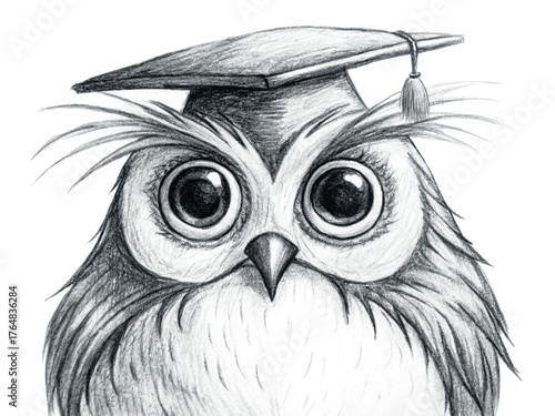 Handdrawn owl wearing a graduation cap, isolated on transparent background, sketch style