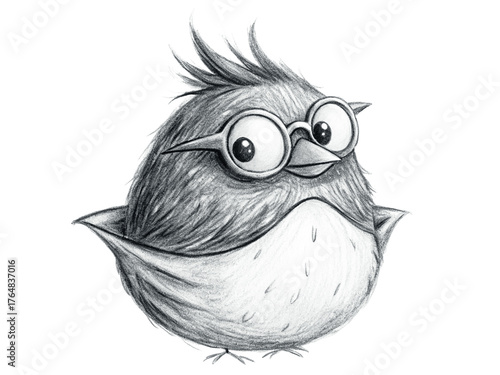 Cute bird with glasses, handdrawn in pencil, isolated on transparent background