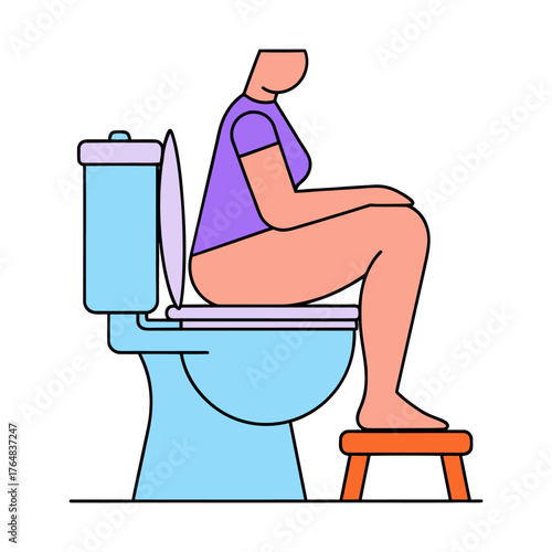 Person sitting on toilet with feet on orange stool flat illustration bathroom