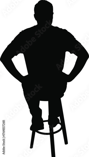 Silhouette of man sitting on stool vector, confident pose artwork, minimalist character design, contemplative posture graphic, black and white illustration