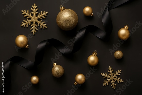 Luxury Christmas flat lay with golden ornaments, snowflakes and black ribbon on dark background, elegant festive composition.
