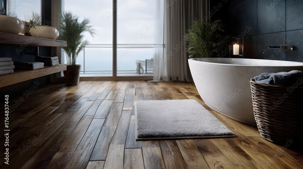 Fototapeta premium A modern luxury bathroom with a freestanding bathtub wooden floor and a serene ocean view
