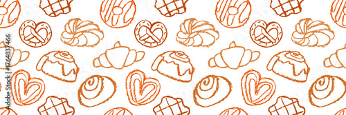 Seamless pattern of bakery pastries in crayon style. Pattern of croissants and cinnamon rolls on white background. Bakery pattern 