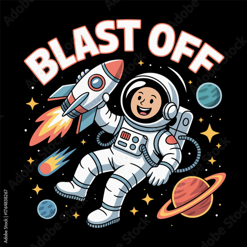 Cheerful astronaut floating in space holding a rocket with planets and stars blast off 1