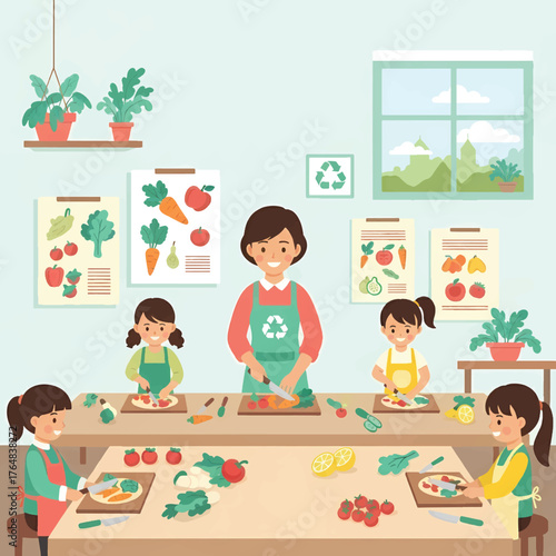 Illustration of children and a teacher preparing vegan food in a classroom with educational posters on the wall, promoting healthy eating on World Vegan Day with a colorful and lively