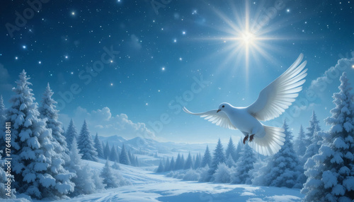 Peaceful winter landscape with white doves flying above a glowing Christmas star, serene background