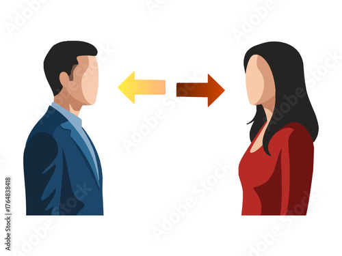 Man in blue suit and woman in red dress facing each other with opposing arrows couple