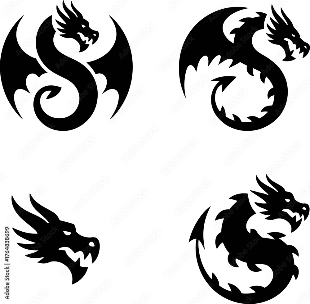 Obraz premium Four black silhouette dragon designs including full body and head profiles white