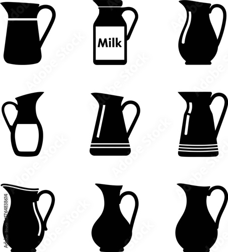 Collection of nine black silhouette milk jugs and pitchers on white background container
