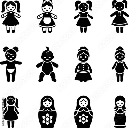 Collection of black silhouette icons of dolls and nesting dolls baby matryoshka
