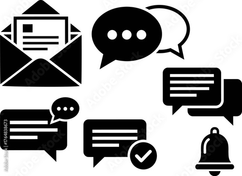 Collection of black communication icons including envelope message chat bubbles and bell