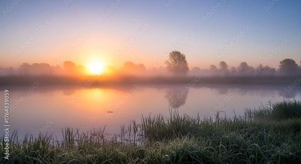 Fototapeta premium Wide-Angle Serene Wetland Morning Mist with Reflective Water