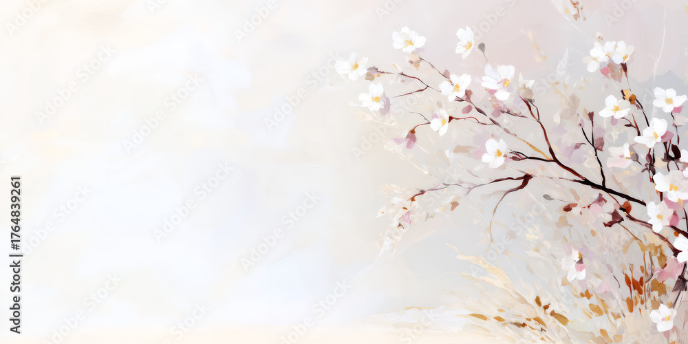 Fototapeta premium Delicate White Cherry Blossoms Branch on Soft Pastel Background Subtle Light Spring Floral Art