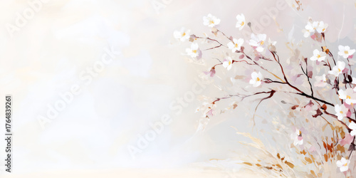 Delicate White Cherry Blossoms Branch on Soft Pastel Background Subtle Light Spring Floral Art