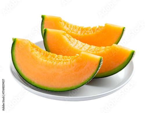 Three cantaloupe slices on a white plate against a black background, showcasing their juicy texture